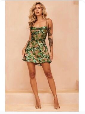 Green Sequin Floral Mini Dress